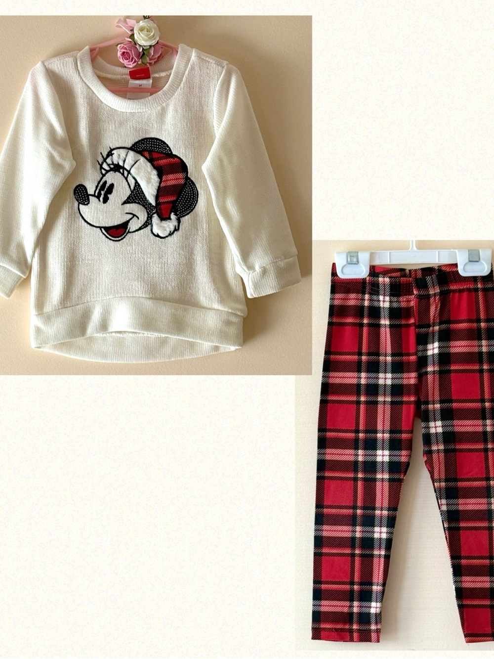 Disney Girls Minnie Mouse Thermal Top with Red Plaid Leggings Set, Size 3T
